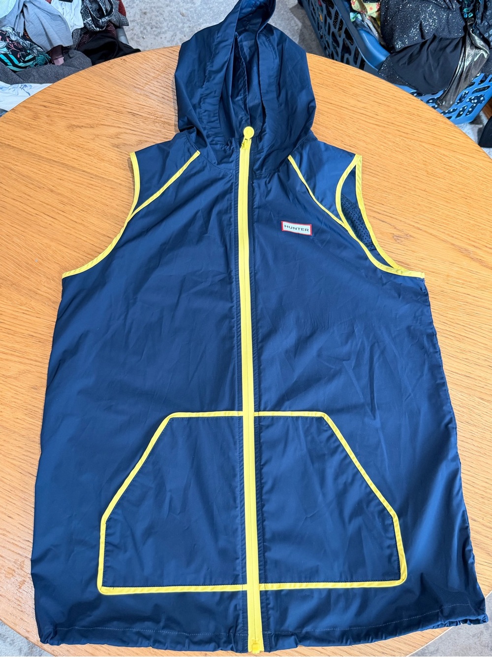 Hunter Navy Hooded Sleeveless Vest with Yellow Trim